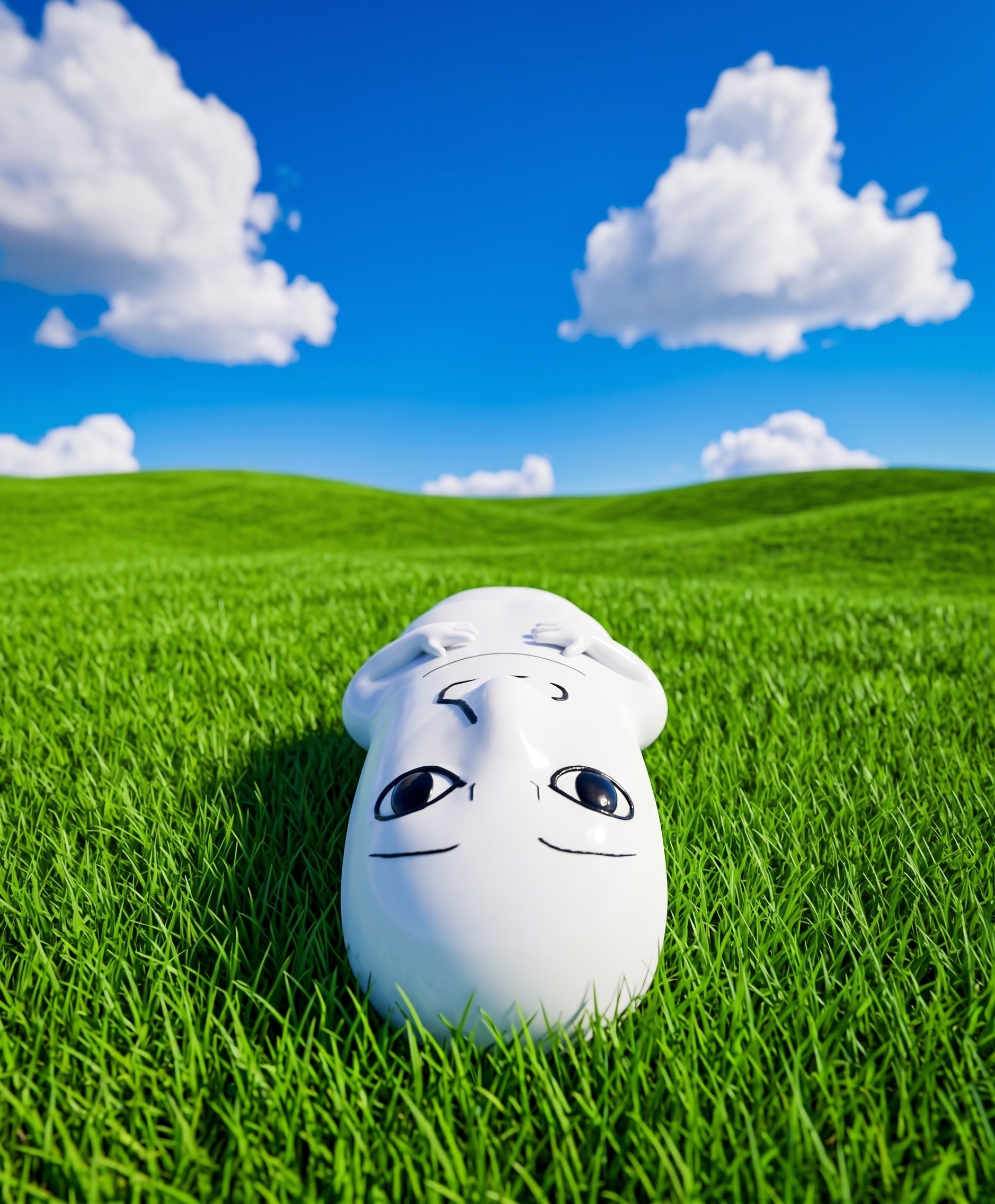TISM lying in green grass under a blue cloudy sky