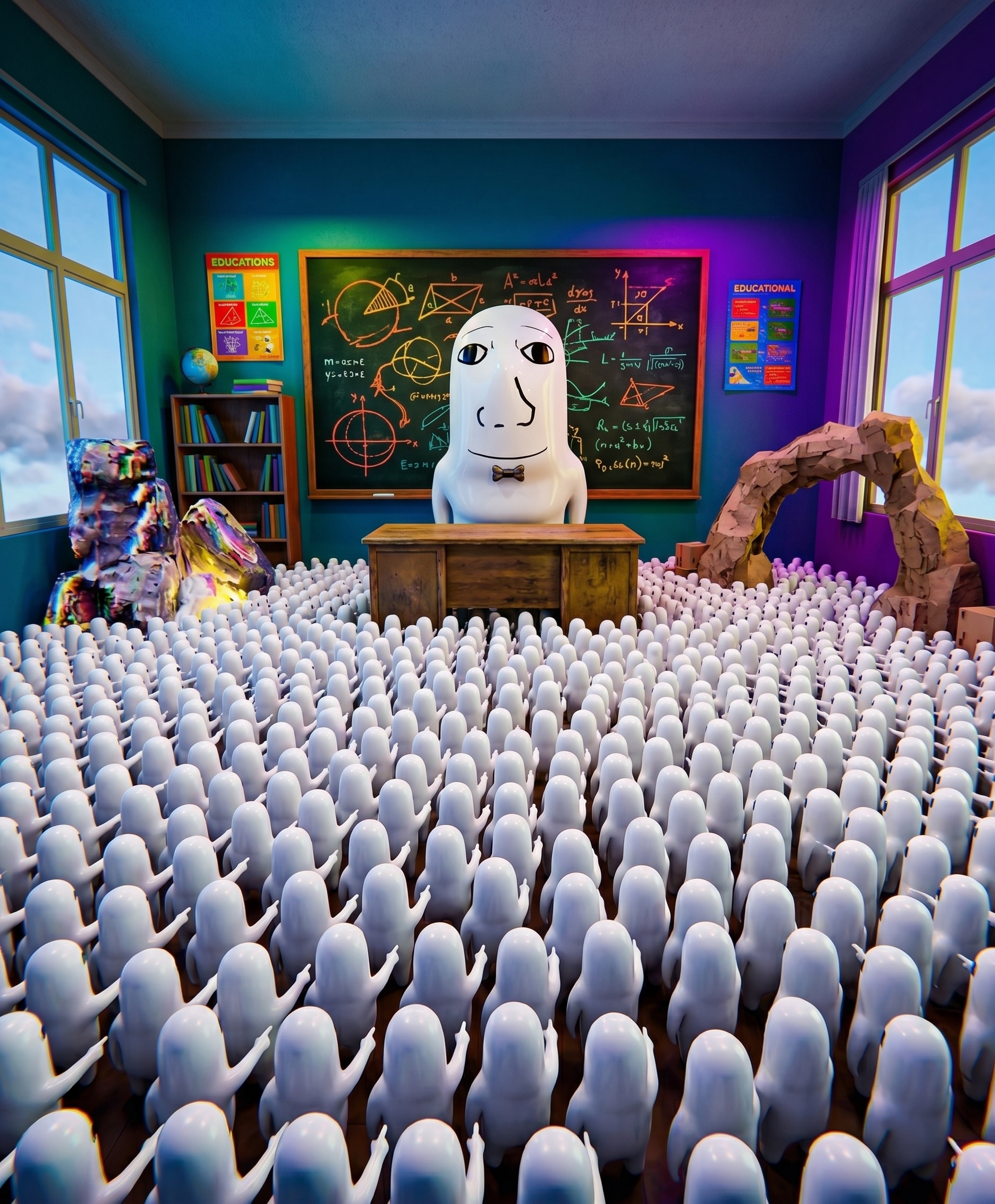 TISM as a teacher in front of a huge crowd of tiny TISM students