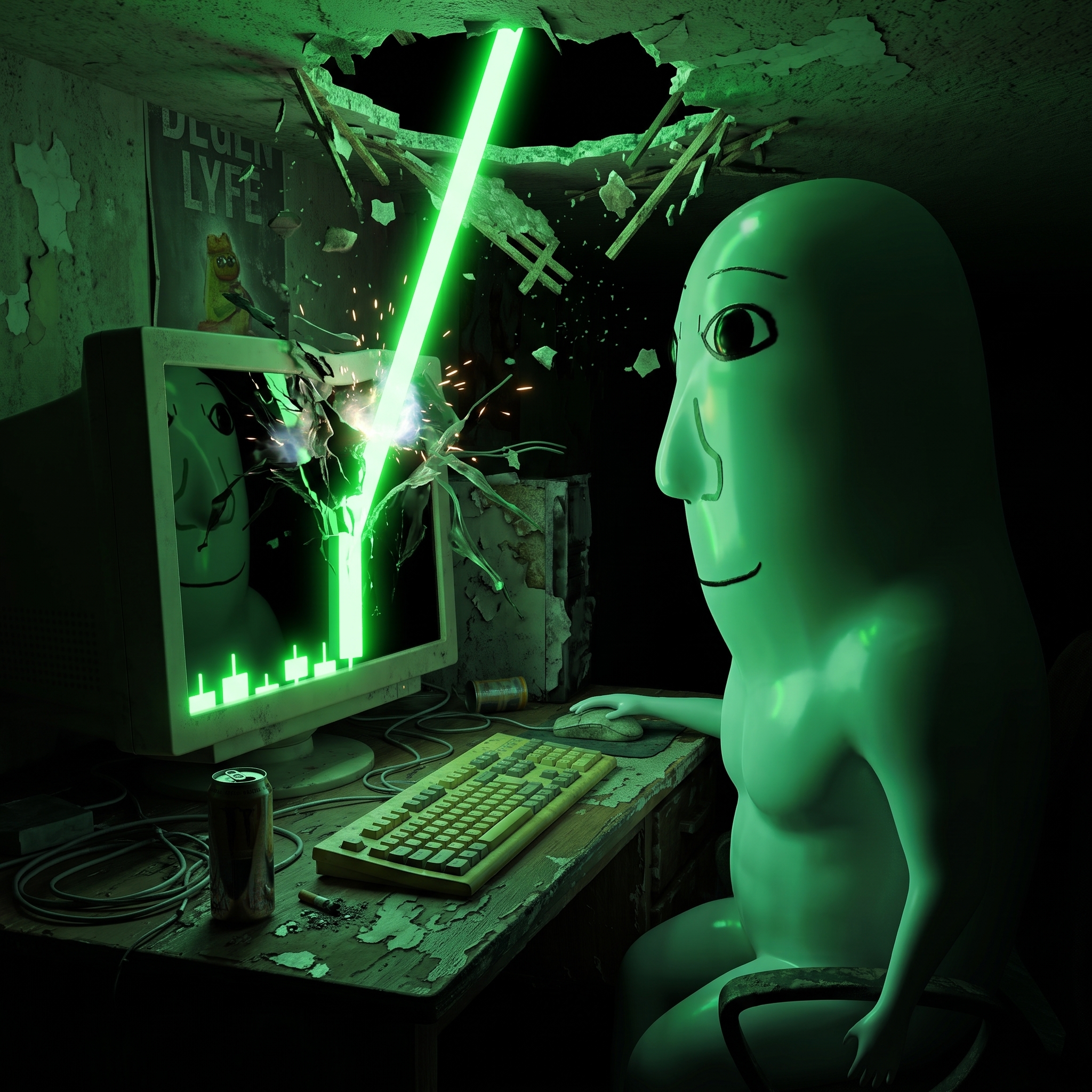 TISM at an old CRT computer with a green lightsaber crashing through the ceiling