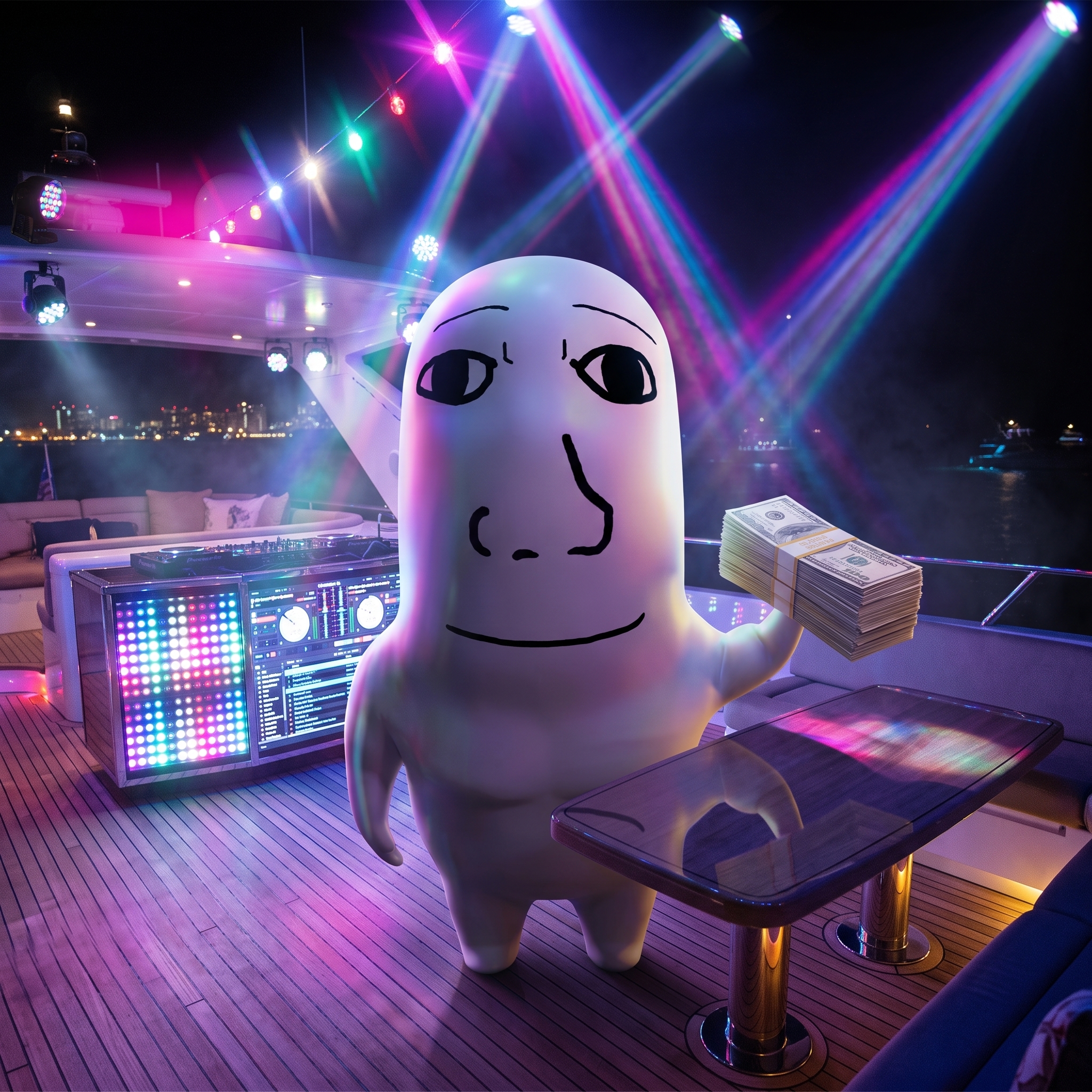 TISM on a night yacht party holding stacks of cash